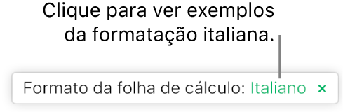 Uma mensagem que indica “Esta folha de cálculo utiliza formatação italiana”.