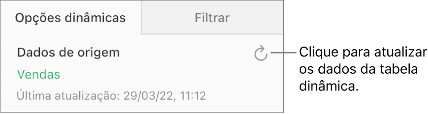 O separador “Opções dinâmicas” a mostrar o botão "Atualizar” na parte superior direita.