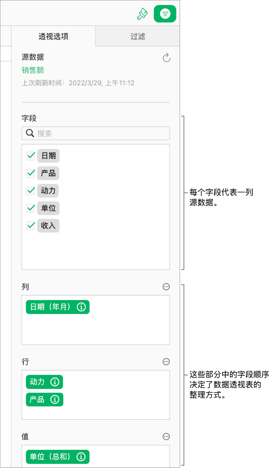 “整理”边栏中的“透视选项”标签，显示列、行和值部分中的字段，以及用于编辑字段和刷新数据透视表的“更多”和“信息”按钮。