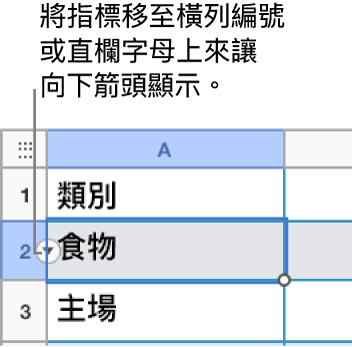 選取表格橫列的編號後,右側將看到向下箭頭。