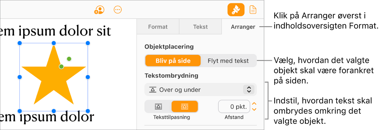Et billede er valgt i brødteksten. Fanen Arranger i indholdsoversigten Format viser, at objektet er indstillet til Bliv på side, så teksten ombrydes over og under objektet.