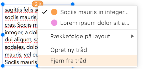 Det andet tekstfelt i en tråd vælges, og en lokalmenu ud for cirklen øverst i tekstfeltet er åben. I lokalmenuen er menupunktet Fjern fra tråd valgt.