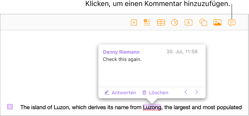 Ein Kommentar wurde zu einigen Texten in einem Dokument hinzugefügt; der Text ist markiert und eine quadratische Markierung erscheint am linken Rand.