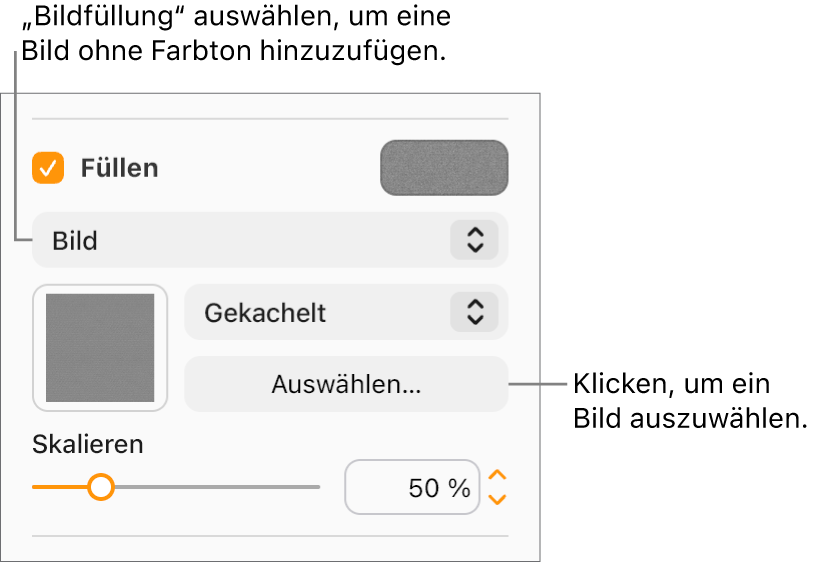 Das Markierungsfeld „Füllen“ ist aktiviert und „Bild“ ist im Einblendmenü unterhalb des Markierungsfelds ausgewählt. Steuerelemente zur Auswahl des Bildes, dazu, wie das Objekt gefüllt wird, sowie zum Skalieren des Bildes erscheinen unterhalb des Einblendmenüs. Eine Vorschau der Bildfüllung ist in dem Quadrat zu sehen (nachdem ein Bild ausgewählt wurde).