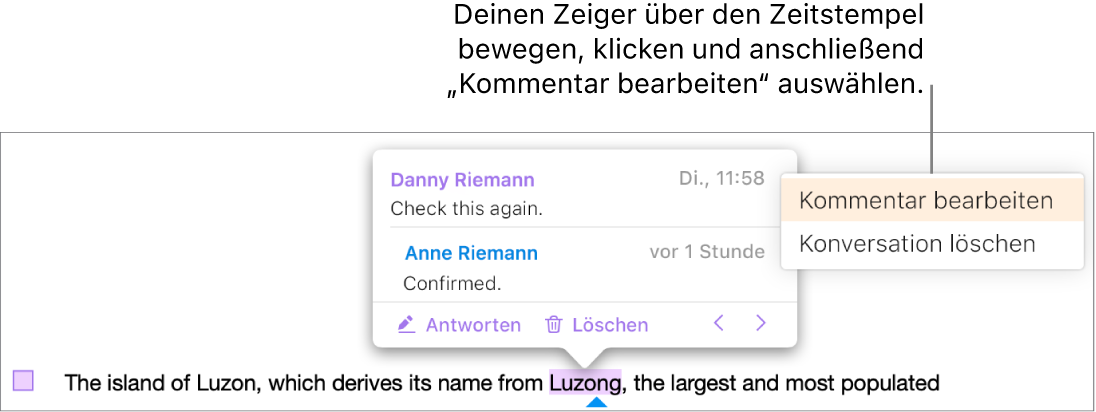 Ein Kommentar ist geöffnet. Der Zeiger steht oben auf dem Zeitstempel und das Einblendmenü zeigt zwei Option an: „Kommentar bearbeiten“ und „Konversation löschen“.
