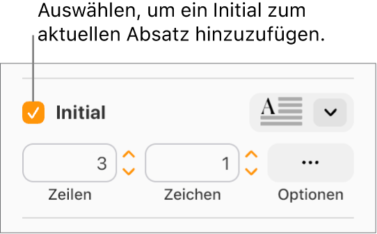 Das Feld „Initial“ ist markiert und rechts davon wird ein Einblendmenü angezeigt; Steuerelemente zur Einstellung der Zeilenhöhe, der Anzahl der Zeichen und weitere Optionen erscheinen darunter.