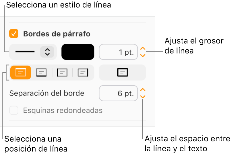 La casilla de verificación “Bordes de párrafo” está seleccionada en la pestaña Formato y, debajo de la casilla de verificación, aparecen controles para cambiar el estilo, el color, el grosor, la posición y la separación del texto.