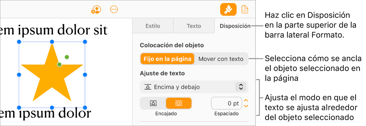 Una imagen seleccionada en el cuerpo del documento; la pestaña Disposición de la barra lateral Formato muestra que el objeto está establecido en “Fijo en la pág.”, con el texto ajustándose al objeto por encima y por debajo.