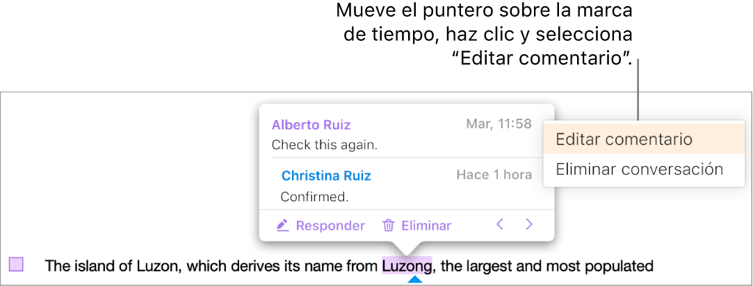 Un comentario abierto, el puntero está sobre la marca de hora en la parte superior y el menú emergente muestra dos opciones, Editar comentario y Eliminar conversación.
