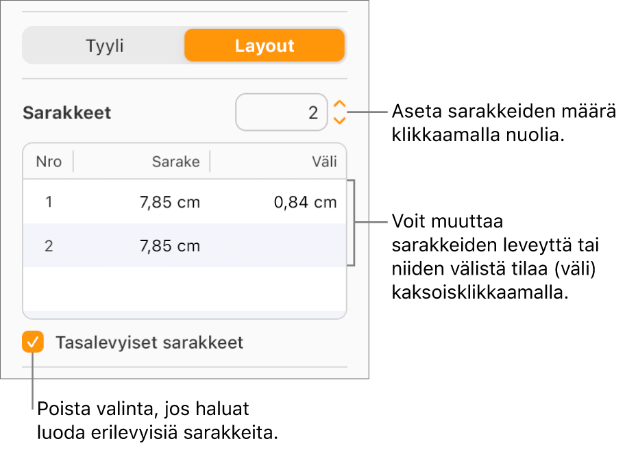 Kuvassa näkyvät Muoto-sivupalkin Asettelu-osion tekstisaraketoiminnot.