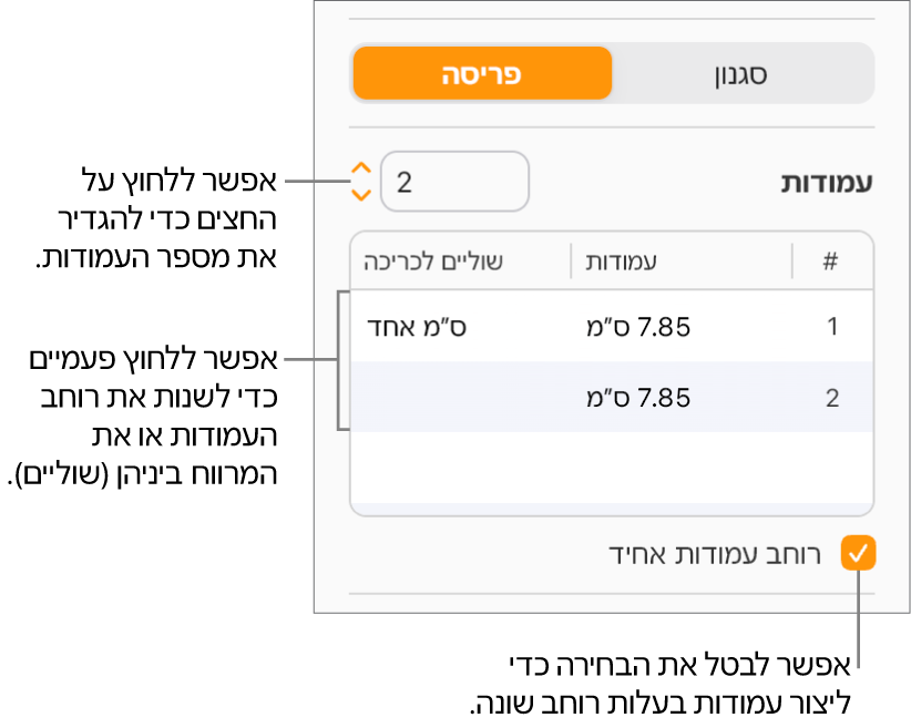 פקדי עמודות המלל בחלק ״פריסה״ של סרגל הצד ״עיצוב״.