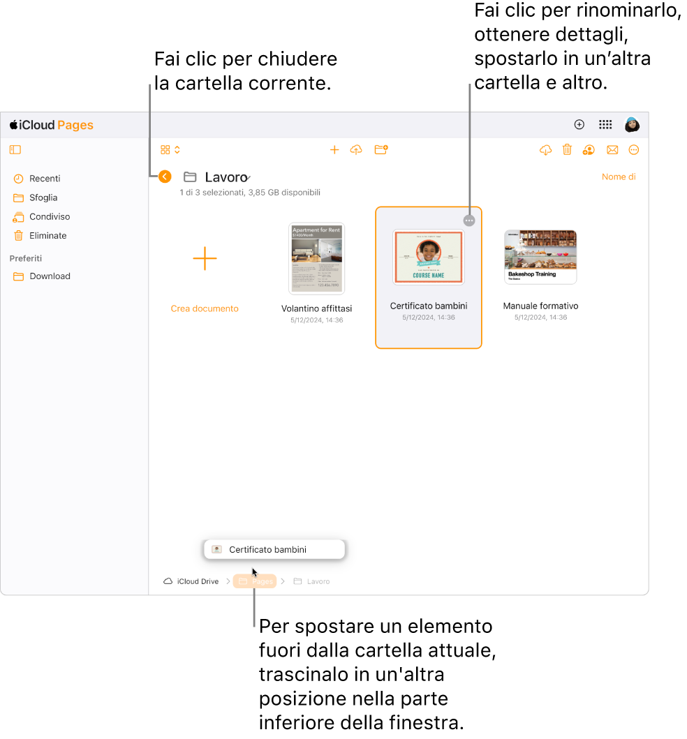 La vista Sfoglia del gestore documenti, con un documento che viene trascinato in una nuova posizione (la cartella di Pages) nella parte inferiore della finestra. Sotto la barra strumenti, il pulsante Indietro viene visualizzato a sinistra del nome della cartella visualizzata (Lavoro).