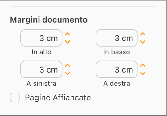 La sezione Margini documento della barra laterale Documento, con controlli per l’impostazione dei margini superiore, inferiore, desto e sinistro.
