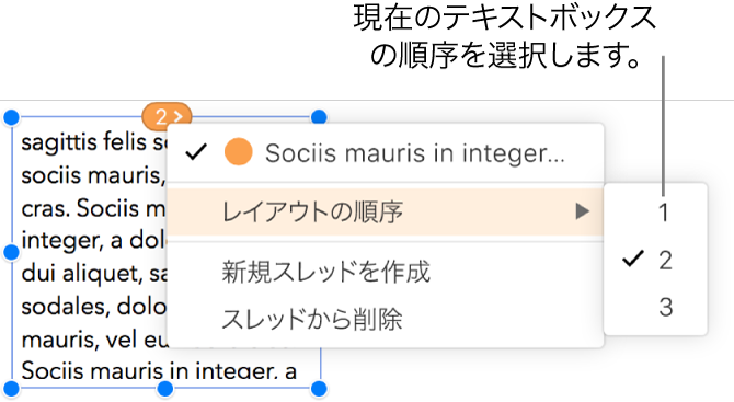 リンクされたテキストボックスが選択されており、テキストボックスの先頭の丸印の横にポップアップメニューが表示されています。ポップアップメニューで「レイアウトの順序」メニューが選択されており、2番目のポップアップメニューに1、2、および3の番号が表示されています。2の横にチェックマークが付いており、これがスレッド内の2番目のテキストボックスであることが示されています。