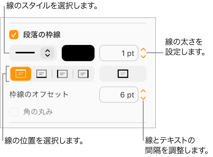 「フォーマット」サイドバーの「レイアウト」タブで「段落の枠線」チェックボックスが選択され、チェックボックスの下には線のスタイル、カラー、太さ、テキストからのオフセットを変更するためのコントロールが表示されています。