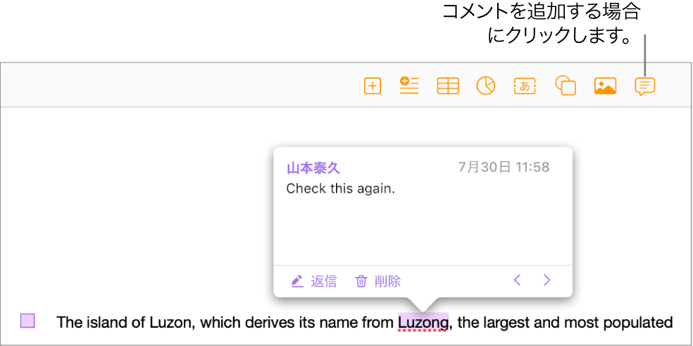 書類内の一部のテキストに追加されたコメント。テキストは強調表示され、左余白に四角いマーカーが表示されている。