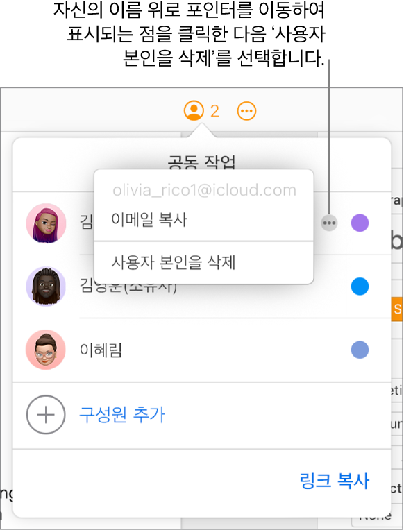 클릭한 첫 번째 참여자 오른쪽에 기타 버튼이 있고, ‘사용자 본인을 삭제’ 옵션을 사용할 수 있는 공동 작업 메뉴가 열려 있음.