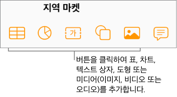 도구 막대의 표, 차트, 텍스트, 도형 및 미디어 버튼.