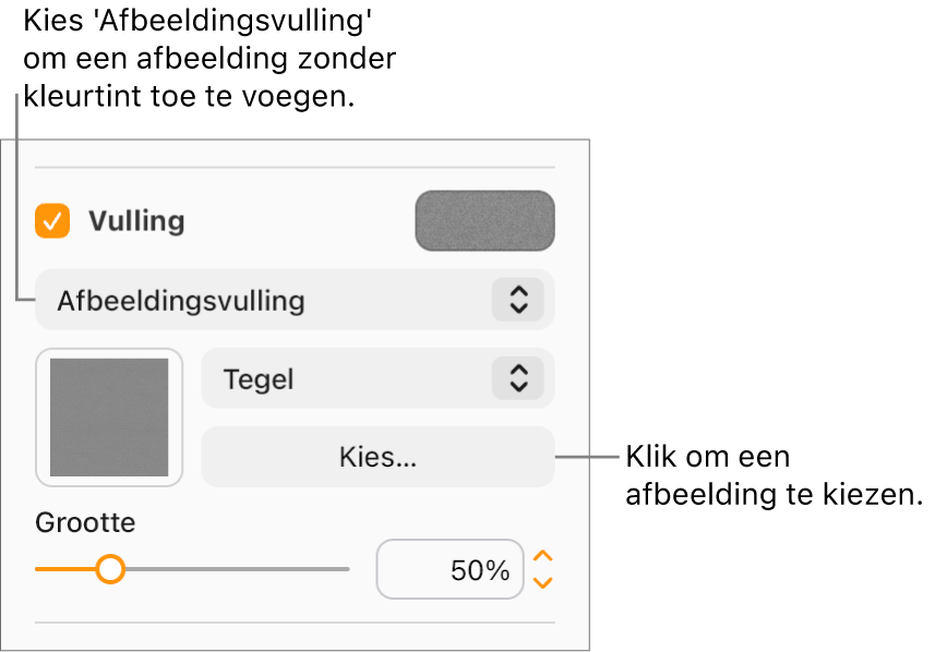 Het aankruisvak 'Vulling' is geselecteerd in de navigatiekolom en 'Afbeeldingsvulling' is gekozen in het pop‑upmenu onder het aankruisvak. Onder het pop‑upmenu staan regelaars voor het kiezen van een afbeelding, hoe deze het object vult en de schaal van de afbeelding. Er wordt een voorbeeld van de afbeeldingsvulling weergegeven in het vierkant (nadat je een afbeelding hebt geselecteerd).