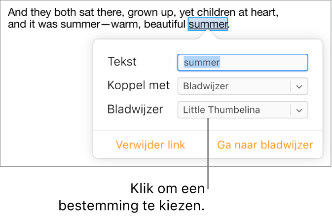 Tekst in een document is geselecteerd en onderstreept, en het linkvenster toont dat de tekst is gekoppeld aan een bladwijzer.