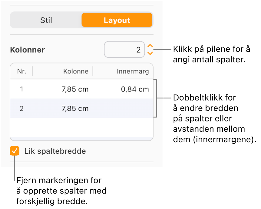 Kontrollene for tekstkolonner i Layout-delen i Format-sidepanelet.