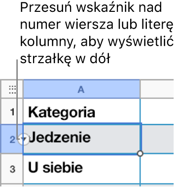 Numer wiersza jest zaznaczony w tabeli, a po jego prawej stronie widoczna jest strzałka w dół.