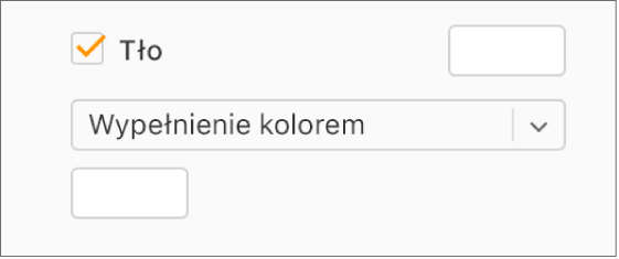 Pole wyboru Tło jest zaznaczone na pasku bocznym, a wstępnie ustawione pole koloru z prawej strony pola wyboru jest wypełnione kolorem białym. W menu podręcznym pod polem wyboru wybrana jest opcja Wypełnienie kolorem, a pod nim własne pole koloru jest wypełnione kolorem białym.