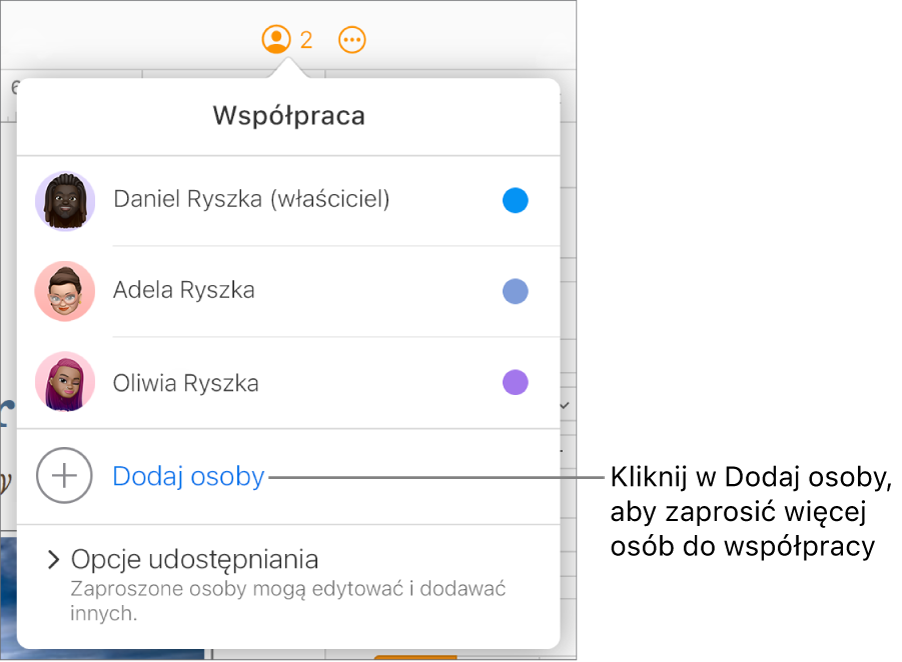 Zostanie otwarte menu Współpraca z opcją Dodaj osoby pod listą uczestników.