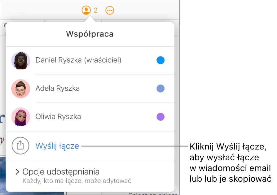 Zostanie otwarte menu Współpraca z opcją Wyślij łącze pod listą uczestników.