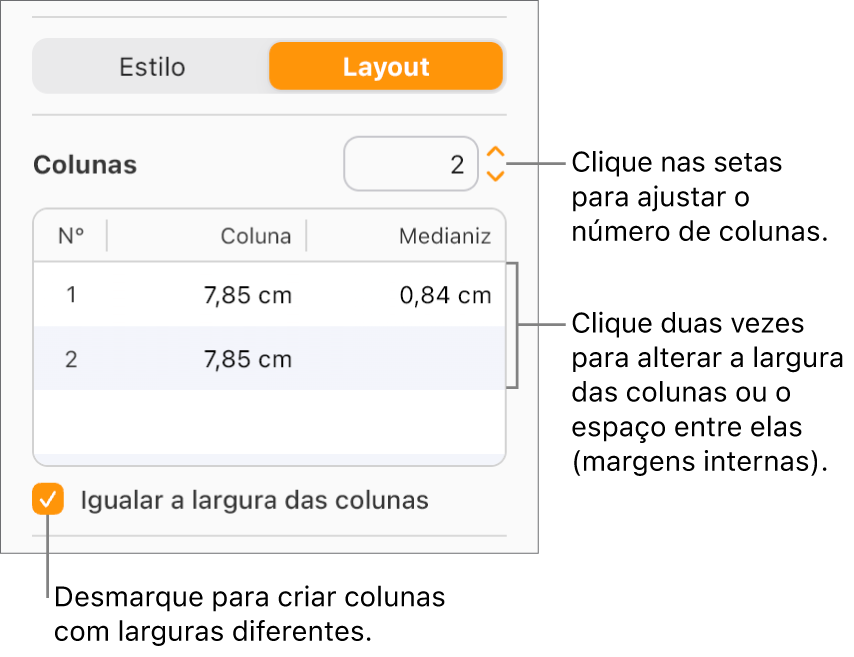 Os controles da coluna de texto na parte Layout da barra lateral Formatar.