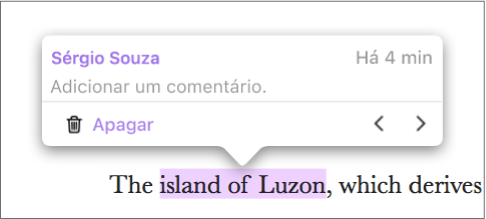 Parte do texto está destacada em um documento; e o nome da pessoa que adicionou o destaque e a hora em que ele foi adicionado aparece acima do destaque.