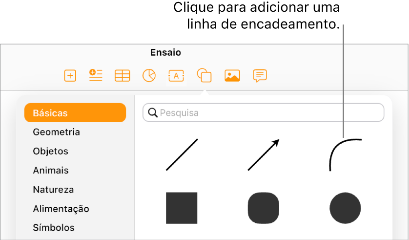 A biblioteca de formas está aberta, com Básico selecionado à esquerda e um conjunto de linhas e formas, incluindo uma linha curva, visível à direita.