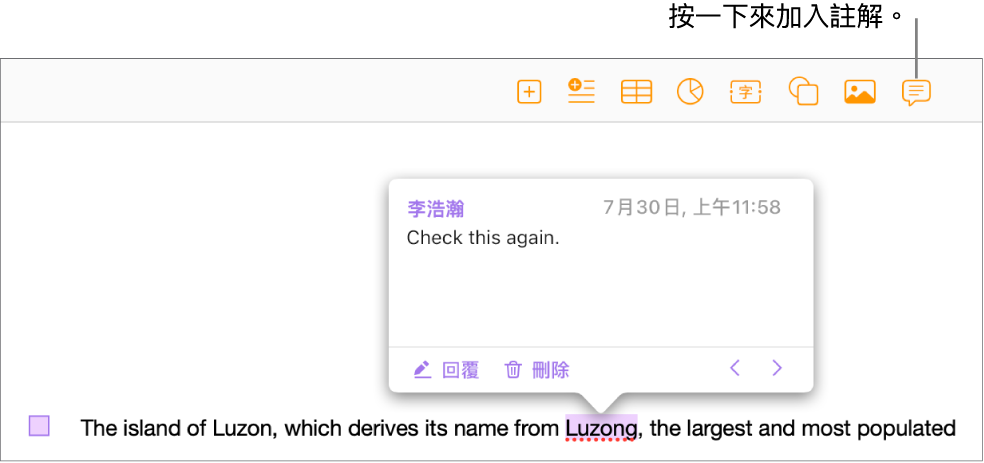 在文件部分文字加入註解後,文字將反白,並在左側頁邊出現方形標記。