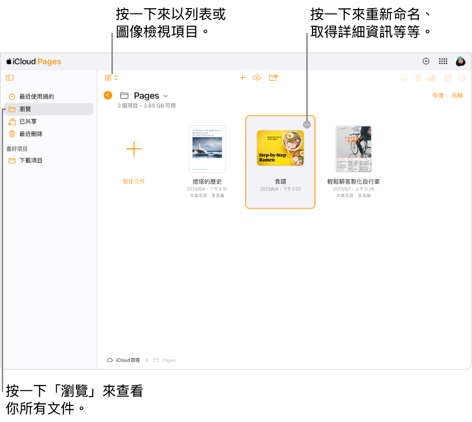 瀏覽顯示方式下的文件管理器，在格狀中以圖像顯示 Pages 文件。可以在選取文件的右上角看到「更多」按鈕（三個點）。在文件上方，工具列的左側有一個彈出式選單，你可以在其中選擇以圖像或列表方式來檢視項目。工具列的右側是下載、合作、傳送電子郵件或刪除的按鈕。