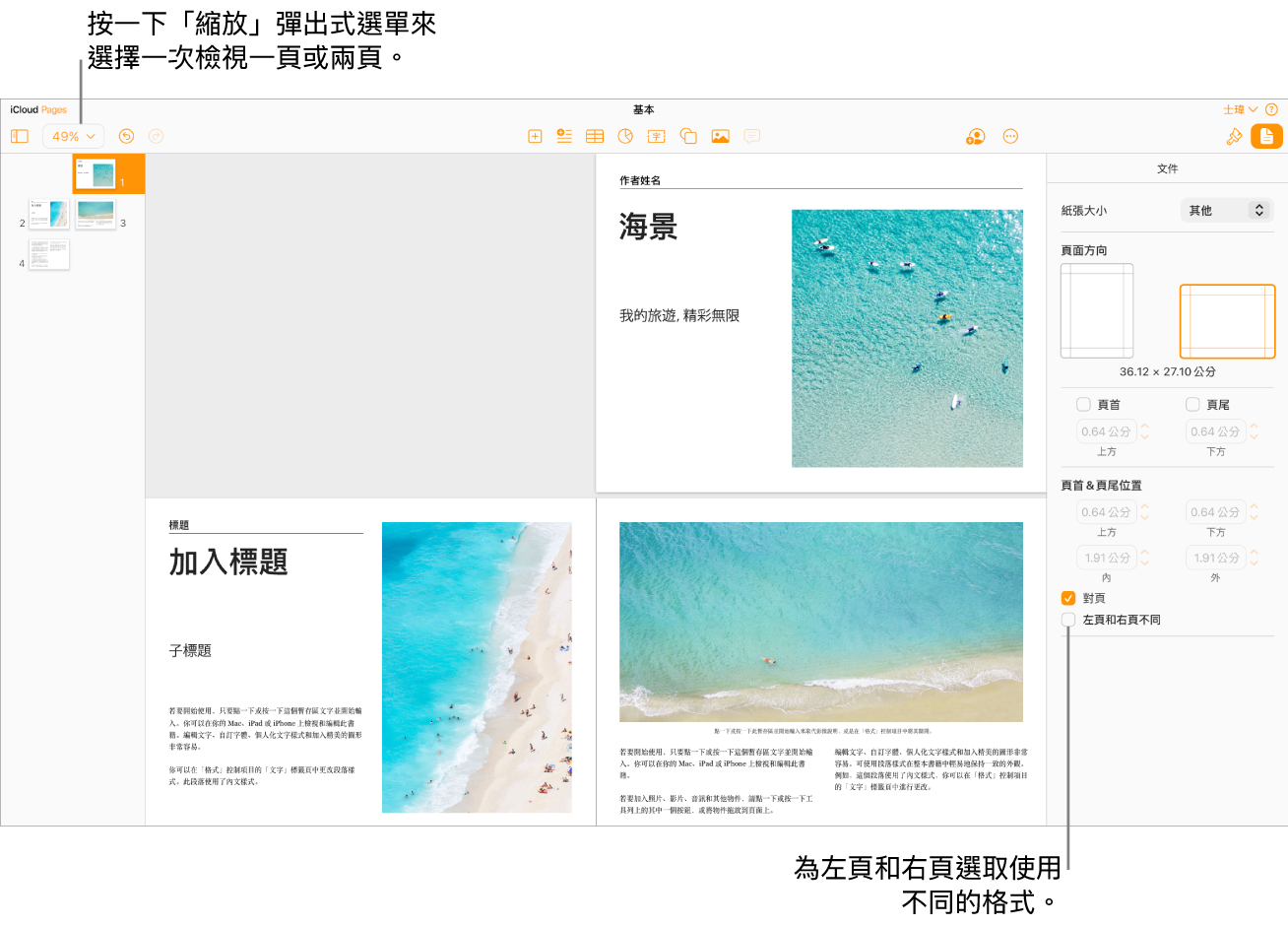 具有頁面縮覽圖的 iCloud 版 Pages 視窗，文件頁面為跨頁查看。在右側的「文件」側邊欄中，「左頁和右頁不同」註記框為未選取狀態。