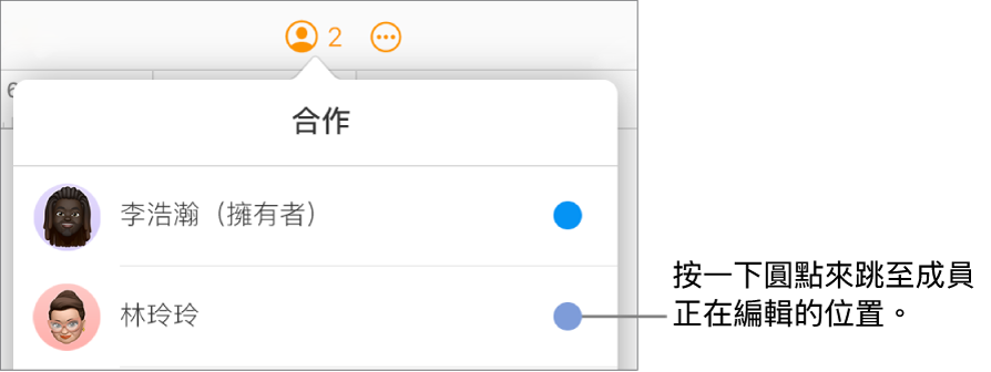 「合作」選單打開,顯示兩位參與者,各名稱右側有不同顏色的圓點。