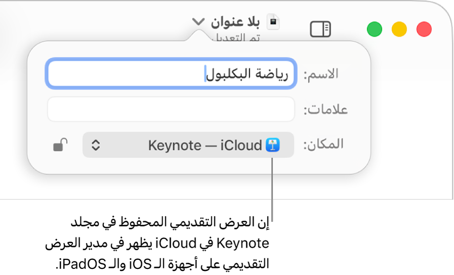 مربع الحوار "حفظ" لعرض تقديمي على Keynote—iCloud في القائمة المنبثقة "أين".