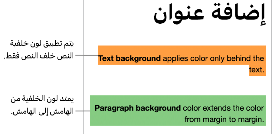 إحدى الفقرات بلون خلف النص فقط، وفقرة ثانية بلون خلفها يمتد من الهامش إلى الهامش ككتلة.