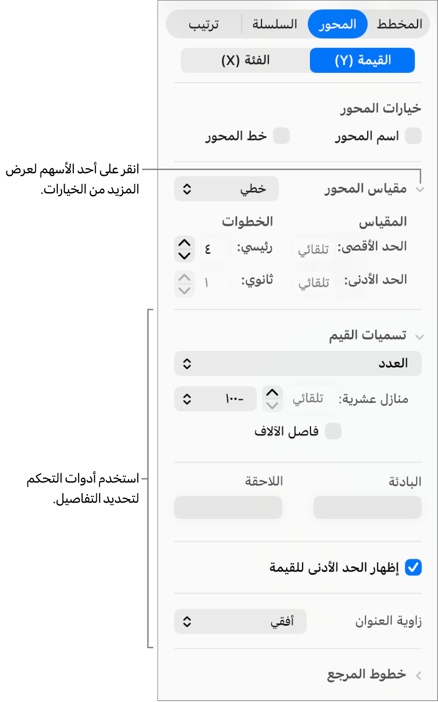 عناصر تحكم لتنسيق علامات محاور المخطط.