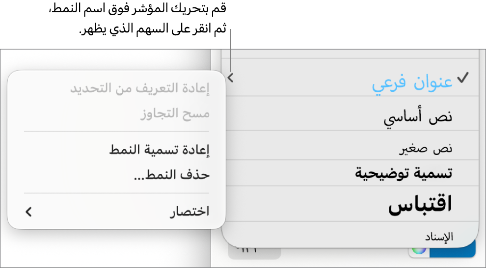 قائمة أنماط الفقرة مع قائمة الاختصارات مفتوحة.