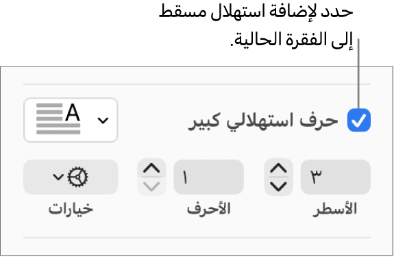 خانة اختيار الحرف الاستهلالي الكبير محددة، وتظهر قائمة منبثقة على يسارها؛ تظهر عناصر التحكم لإعداد ارتفاع السطر وعدد الأحرف والخيارات الأخرى أسفلها.