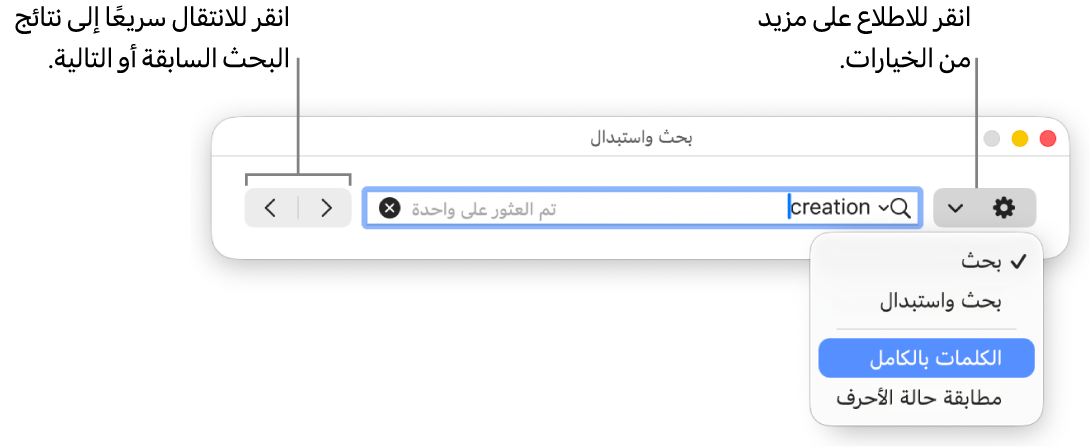 نافذة البحث والاستبدال بها قائمة منبثقة تعرض خيارات البحث، والبحث والاستبدال، والكلمات بالكامل، ومطابقة حالة الأحرف. تتيح لك الأسهم الموجودة على اليسار الانتقال إلى نتائج البحث السابقة أو التالية.