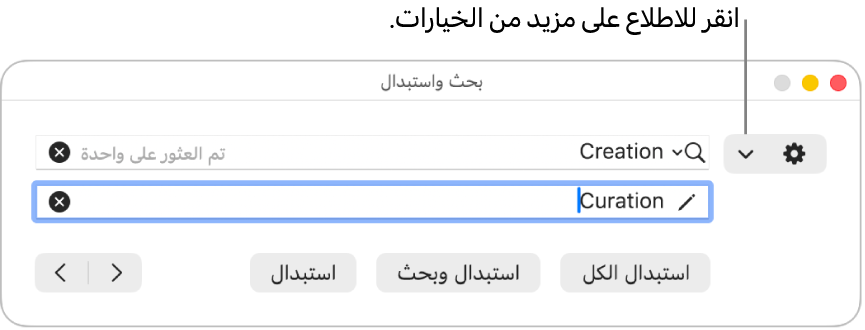 نافذة البحث والاستبدال مع وسيلة شرح للقائمة المنبثقة التي تعرض المزيد من الخيارات.