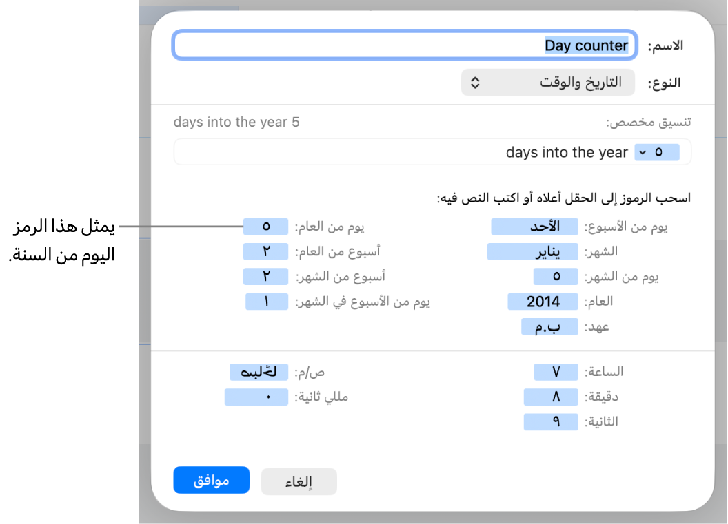 نافذة تنسيق خلية مخصصة مع عناصر تحكم لإنشاء تنسيق مخصص للتاريخ والوقت.