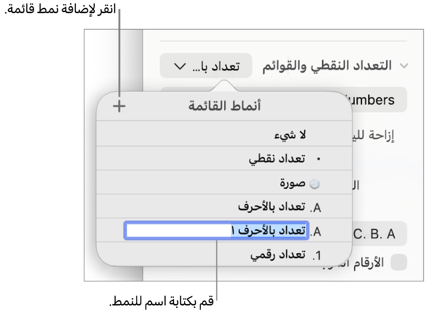 القائمة المنبثقة أنماط القائمة بها زر إضافة في الزاوية العلوية اليسرى واسم نمط عنصر نائب نصه محدد.