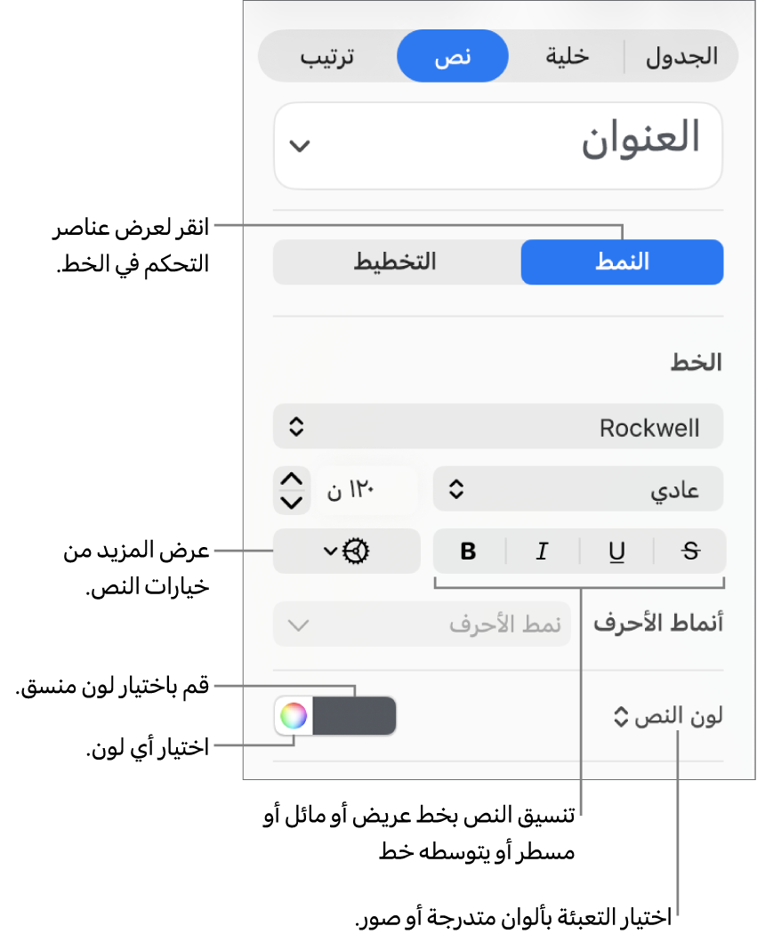عناصر التحكم الخاصة بتطبيق أنماط نص الجدول.