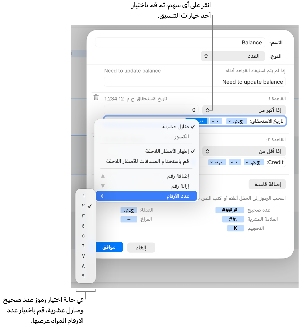 نافذة تنسيق خلية مخصصة مع عناصر تحكم لإنشاء تنسيق مخصص للرقم.