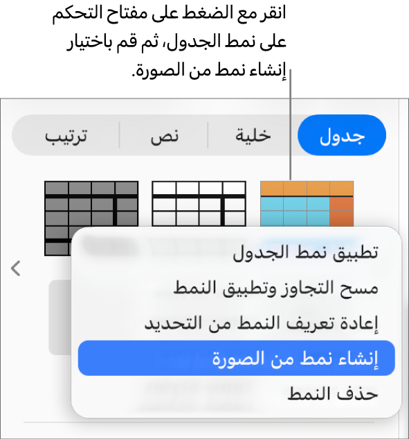قائمة اختصارات نمط الجدول.
