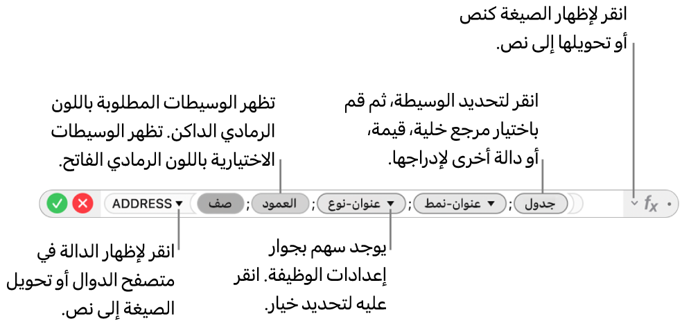 محرر الصيغ وتظهر به دالة ADDRESS ورموز الوسائط الخاصة بها.