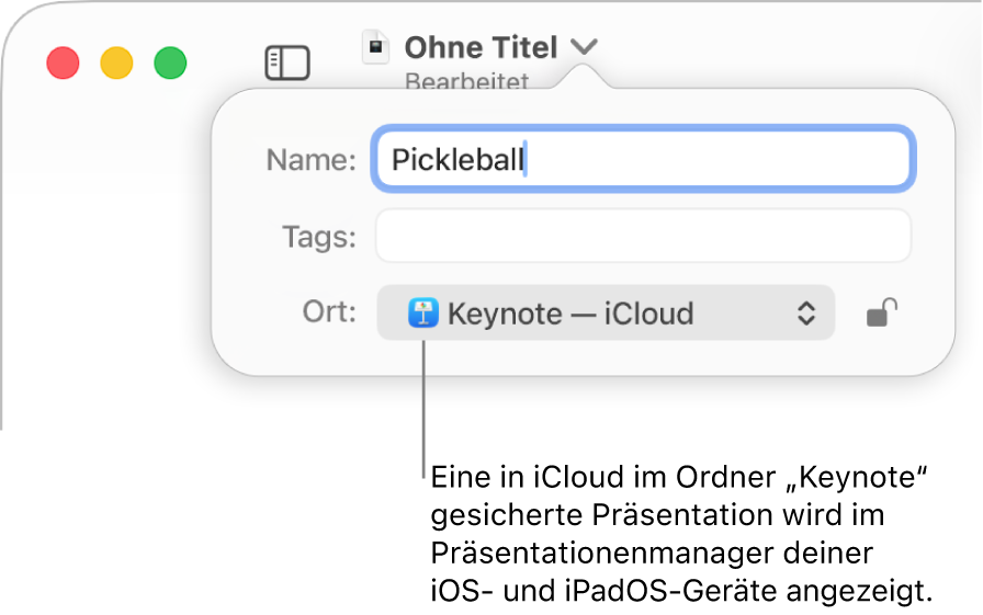 Der Dialog „Sichern“ für eine Präsentation mit der ausgewählten Option „Keynote – iCloud“ im Einblendmenü „Ort“.